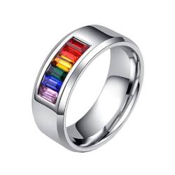PAMTIER Männer Edelstahl Ring LGBT Stolz Regenbogen Aussage Ringe LGBTQ 8MM Regenbogen kubischer Zirkonia Hochzeit Bands Silber 60 (19.1) von PAMTIER
