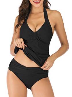 PANAX Bügelloser Damen Neckholder Tankini in Unifarben - Rückenfreier Badeanzug mit vorgeformten Softcups in Schwarz, Größe M von PANAX