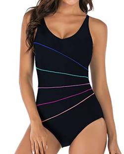 PANAX Professioneller Damen Schwimmanzug - Sportlicher Badeanzug mit vorgeformten Softcups Schwarz mit Linea, Größe L von PANAX