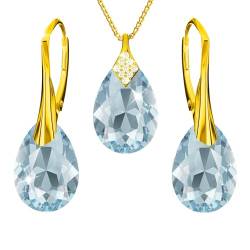 Vergoldet 24K Schmuckset für Damen Ohrringe Silber 925 Hängend Ohrhänger mit Halskette Birne Kristallen Stein 12 Geburtsstein Kette Damen mit Anhänger Schmuck Mädchen (02-Februar - Aquamarine) von PANDA LUXURY JEWELLERY