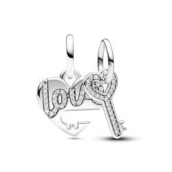 PANDORA Moments Teilbarer Herz & Schlüssel Charm-Anhänger aus Sterling Silber, Zirkonia, Kompatibel Moments Armbänder, 793081C01 von PANDORA