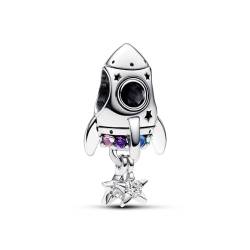 PANDORA Moments Weltraumliebe Raketen-Charm aus Sterling Silber mit künstlichen Kristallen, Kompatibel Moments Armbändern, 792831C01 von PANDORA