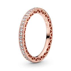 PANDORA Sparkle & Hearts Ring in Roségold mit 14 Karat rosévergoldete Metalllegierung und Cubic Zirkonia Signature Collection, Größe 54 von PANDORA