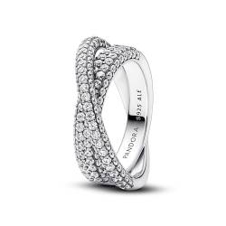 PANDORA Timeless Pavé Gekreuzter Doppelband-Ring aus Sterling Silber mit Cubic Zirkoniastein verziert, Größe: 52, 193022C01-52 von PANDORA