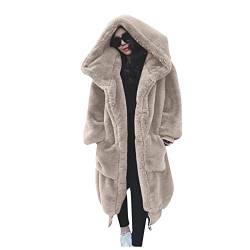 Damen Lange Plüsch Wintermantel Übergröße Einfarbiger Teddy Mantel Winter Warme Softshellmantel Elegant Übergangsmantel Frauen Fleecemantel mit Kapuze Oberbekleidung. (04-Beige, M) von PANGF