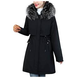 Damen Wintermantel Lang mit Fell Winter Warm Winterparka Damenmantel Parka Mantel Damenjacke Fleece-Futter Steppmantel Fleecejacke Übergangsjacke Übergangsmantel Winterjacke (01-Schwarz, XL) von PANGF