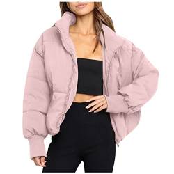 Daunenjacke Damen Pufferjacke mit Breitem Revers Reißverschluss Frauen Winterjacke Kurz Geschnitten Wattierte Steppjacke Jacke Winter Puffer Jacket Für Winddichte Outdoor. (03-Rosa, L) von PANGF