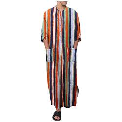 PANGF Ethnische Herren Kaftan Baumwolle Leinen Ethnische Nachthemd Roben Langarm Druck Gestreiftes Lang Freizeitkleid mit Taschen Bademäntel Morgenmäntel S-4XL (01-Orange, 4XL) von PANGF