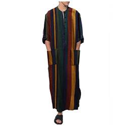 PANGF Ethnische Herren Kaftan Baumwolle Leinen Ethnische Nachthemd Roben Langarm Druck Gestreiftes Lang Freizeitkleid mit Taschen Bademäntel Morgenmäntel S-4XL (02-Grün, XL) von PANGF