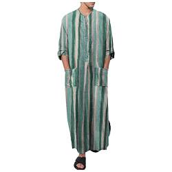 PANGF Ethnische Herren Kaftan Baumwolle Leinen Ethnische Nachthemd Roben Langarm Druck Gestreiftes Lang Freizeitkleid mit Taschen Bademäntel Morgenmäntel S-4XL (04-Grün, XL) von PANGF