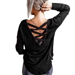 PANGF Langarmshirt Damen Basic Kreuzgurte Rückenfrei T Shirts Oberteile Casual Frühling Langarm Shirt Jeans Bluse Tops Tunika Elegant Einfarbig Pullover Streetwear Damenoberteile (01-Schwarz, XXL) von PANGF