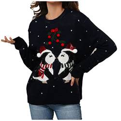 PANGF Weihnachtspullover Für Damen, Langarm Casual Locker Strickjacken Winter Warm Fleecepullover Elch Pinguin Drucken Kuschelpullover Rundhals Elegant Damenpullover. (02-Dunkelblau, XL) von PANGF