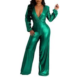 PANGHUBO Damen Jumpsuit Mit Langen Ärmeln Frauen Sexy Langarm V-Ausschnitt Jumpsuits Slim Fit Nachtclub-Stil Langarm-Overall mit weitem Bein Glitzer Overall (Green, XXL) von PANGHUBO