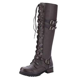 Damen Hohe Stiefel Herbst Winter Schuhe Boots Frauen Steampk Gothic-Vintage-Stil Retro-Punk-Schnalle Kampfstiefel Damen Modisch Flache Winterstiefel Bequeme Stiefel von PANNY