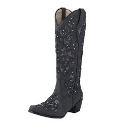 Overknees Stiefel Damen Blockabsatz Boots Stiefel Chunky-Western-Western-Stiefel mit Stickerei Low Strass High für Frauen besetzt Rodeo Damenstiefel Damen Overknee Warme Winter Hohe Stiefel von PANNY