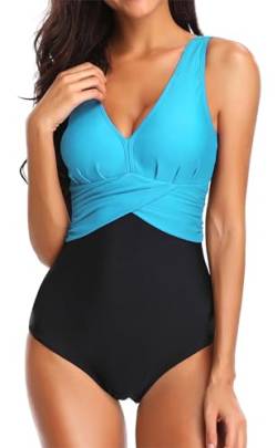 PANOZON Damen Badeanzug mit V-Form Ausschnitt bauchweg Monokini Rückenfrei Cut Out Push-up Bikini Elegant Grace U-Back (Himmelblau, L) von PANOZON