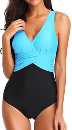 PANOZON Damen Badeanzug mit V-Form Ausschnitt bauchweg Monokini Rückenfrei Cut Out Push-up Bikini Elegant Grace U-Back (Himmelblau, M) von PANOZON