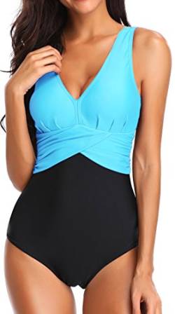 PANOZON Damen Badeanzug mit V-Form Ausschnitt bauchweg Monokini Rückenfrei Cut Out Push-up Bikini Elegant Grace U-Back (Himmelblau, XL) von PANOZON