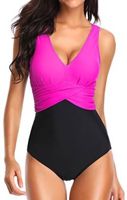 PANOZON Damen Badeanzug mit V-Form Ausschnitt bauchweg Monokini Rückenfrei Cut Out Push-up Bikini Elegant Grace U-Back (Rosa, 2XL) von PANOZON