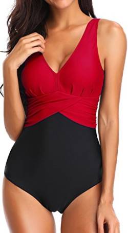 PANOZON Damen Badeanzug mit V-Form Ausschnitt bauchweg Monokini Rückenfrei Cut Out Push-up Bikini Elegant Grace U-Back (Rot, 2XL) von PANOZON