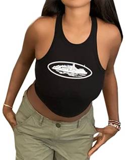 PANOZON Damen Bauchfrei Tanktop Rundhals Frauen Tunika Racerback Top Bluse Sommer Shirts(S,Aschwarz) von PANOZON