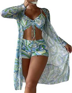 PANOZON Damen Boho 3-teilig Bikini mit Boyshort Bikini Cover up Strandponcho Strandtunika grün XL von PANOZON