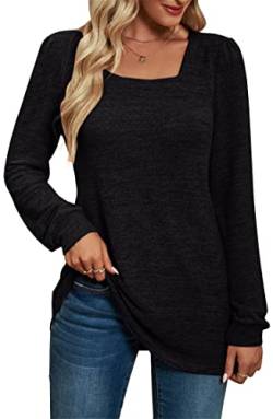 PANOZON Damen Eckiger Ausschnitt Langarmshirt Einfarbig Loose Top Basic Shirt Tunika Oberteile(Aschwarz225,L) von PANOZON