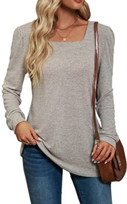 PANOZON Damen Eckiger Ausschnitt Langarmshirt Einfarbig Loose Top Basic Shirt Tunika Oberteile(Khaki,XL) von PANOZON