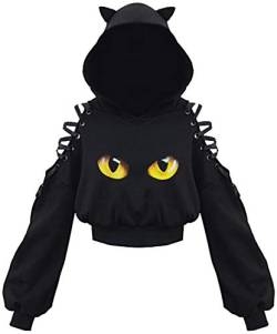 PANOZON Damen Hoodie Bauchfrei Pullover mit Katzenohren Hollow Out Gothic Sweatshirt Katze1 2XL von PANOZON