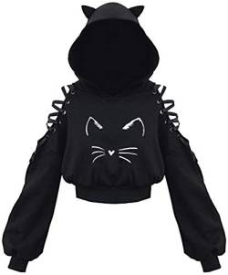 PANOZON Damen Hoodie Bauchfrei Pullover mit Katzenohren Hollow Out Gothic Sweatshirt Katze2 2XL von PANOZON