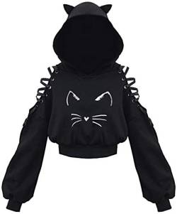 PANOZON Damen Hoodie Bauchfrei Pullover mit Katzenohren Hollow Out Gothic Sweatshirt Katze2 3XL von PANOZON