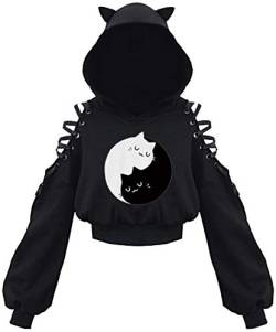 PANOZON Damen Hoodie Bauchfrei Pullover mit Katzenohren Hollow Out Gothic Sweatshirt Katze5 2XL von PANOZON