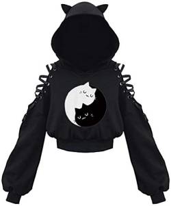 PANOZON Damen Hoodie Bauchfrei Pullover mit Katzenohren Hollow Out Gothic Sweatshirt Katze5 XL von PANOZON