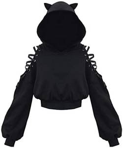 PANOZON Damen Hoodie Bauchfrei Pullover mit Katzenohren Hollow Out Gothic Sweatshirt Schwarz 2XL von PANOZON