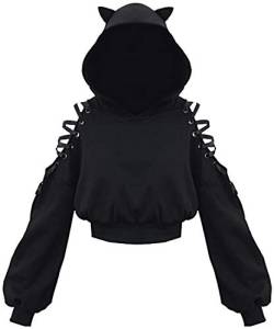 PANOZON Damen Hoodie Bauchfrei Pullover mit Katzenohren Hollow Out Gothic Sweatshirt Schwarz L von PANOZON