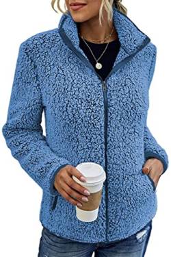 PANOZON Damen Kapuzenpullover Sweatshirt Strickjacke mit Taschen Damenmantel Lamm-Imitat Jacke Langarm Wintermantel Warm Hoodie(Blau,XL) von PANOZON