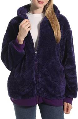 PANOZON Damen Kapuzenpullover Sweatshirt mit Kapuze Strickjacke mit Taschen Langarm Wintermantel Warm Plüschjacke Hoodie(Lila,XL) von PANOZON