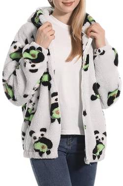 PANOZON Damen Kapuzenpullover Sweatshirt mit Kapuze Strickjacke mit Taschen Langarm Wintermantel Warm Plüschjacke Mode-Muster Hoodie(Panda,XL) von PANOZON