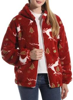 PANOZON Damen Kapuzenpullover Sweatshirt mit Kapuze Strickjacke mit Taschen Langarm Wintermantel Warm Plüschjacke Mode-Muster Hoodie(Weihnachtselch,M) von PANOZON