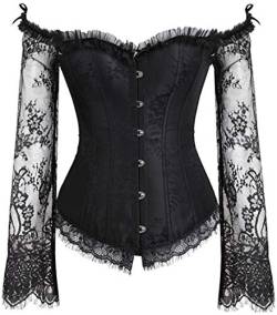 PANOZON Damen Korsett Vollbrust Bustier Top Off Shoulder Corset Retro Dirndl Bluse Bügel Spitze Dessous(Aschwarz-P,L) von PANOZON