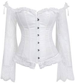 PANOZON Damen Korsett Vollbrust Bustier Top Off Shoulder Corset Retro Dirndl Bluse Bügel Spitze Dessous(Weiss-P,L) von PANOZON