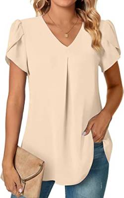 PANOZON Damen Oberteile Kurzarm Elegant T Shirt V-Ausschnitt Top Einfarbig Tee Shirts Bluse(2XL,beige) von PANOZON