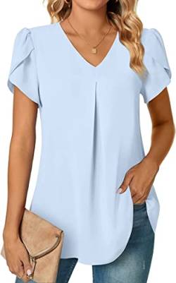 PANOZON Damen Oberteile Kurzarm Elegant T Shirt V-Ausschnitt Top Einfarbig Tee Shirts Bluse(2XL,blau2) von PANOZON