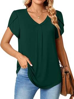 PANOZON Damen Oberteile Kurzarm Elegant T Shirt V-Ausschnitt Top Einfarbig Tee Shirts Bluse(2XL,grün) von PANOZON