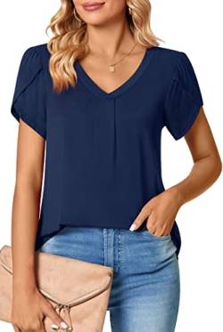 PANOZON Damen Oberteile Kurzarm Elegant T Shirt V-Ausschnitt Top Einfarbig Tee Shirts Bluse(L,Blau) von PANOZON