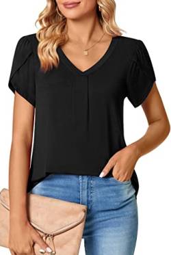 PANOZON Damen Oberteile Kurzarm Elegant T Shirt V-Ausschnitt Top Einfarbig Tee Shirts Bluse(L,schwarz) von PANOZON