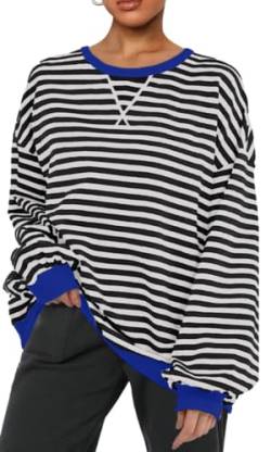 PANOZON Damen Oversized Sweatshirt Gestreift Color Block Rundhals Langärmelig Lässig Lose Pullover Y2K Casual Oberteile Tops(Blau,L) von PANOZON