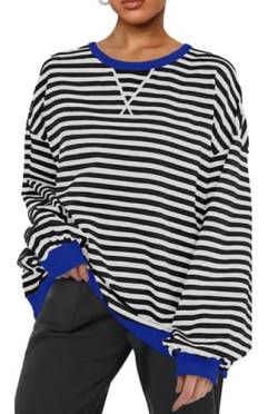 PANOZON Damen Oversized Sweatshirt Gestreift Color Block Rundhals Langärmelig Lässig Lose Pullover Y2K Casual Oberteile Tops(Blau,XL) von PANOZON