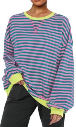 PANOZON Damen Oversized Sweatshirt Gestreift Color Block Rundhals Langärmelig Lässig Lose Pullover Y2K Casual Oberteile Tops(Rosa,M) von PANOZON