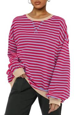 PANOZON Damen Oversized Sweatshirt Gestreift Color Block Rundhals Langärmelig Lässig Lose Pullover Y2K Casual Oberteile Tops(Rosaviolett,L) von PANOZON